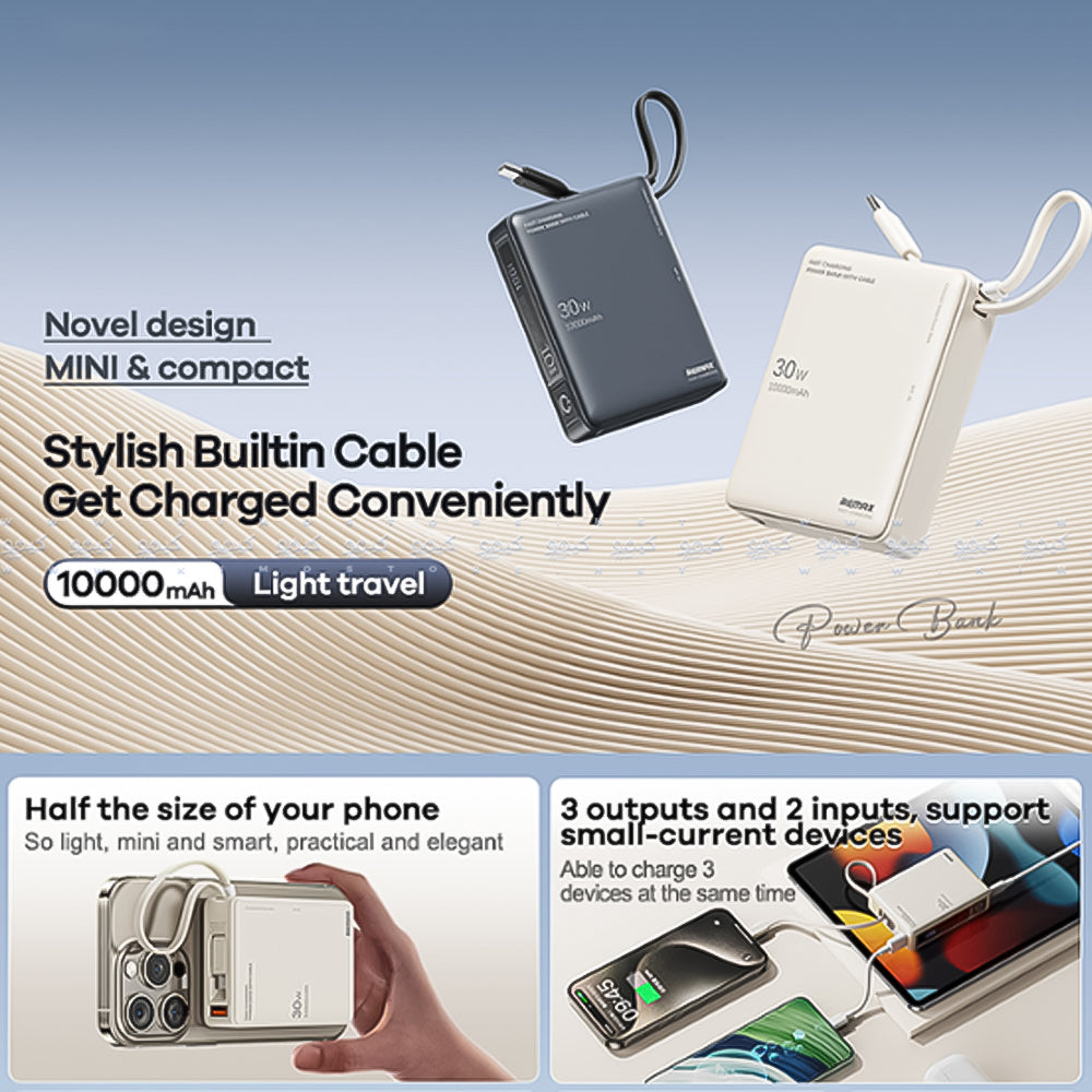 Remax RPP-86 Power Bank 1x USB + 1x Type-C 30W+22.5W Fast Charging 10000mAh Built-In Type-C Cable