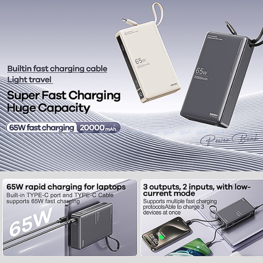 Remax RPP-87 Power Bank USB + Type-C 65W Fast Charging 20000mAh Built-In Type-C Cable - Space Gray