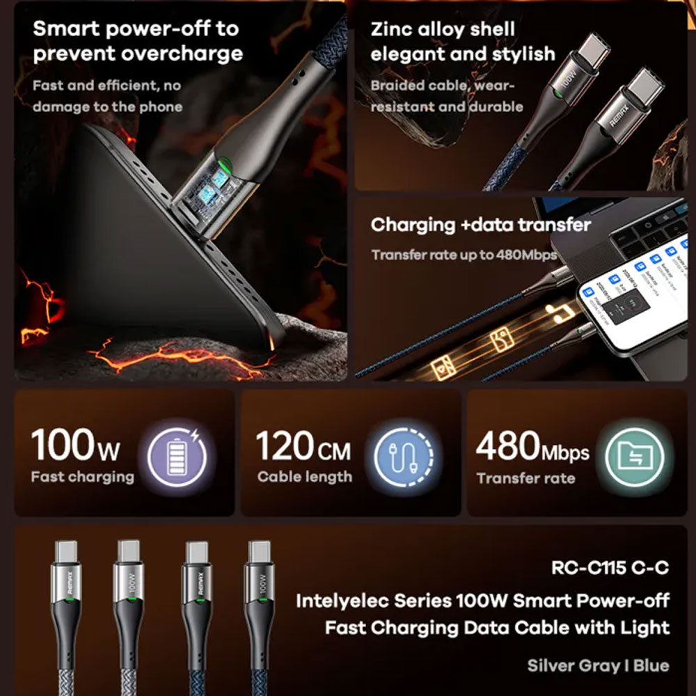 كابل شاحن موبايل ريماكس تايب سي إلى تايب سي بقوة 100 وات شحن سريع 1.2 متر RC-C115 - أزرق