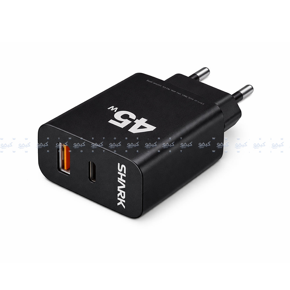 شاحن حائط شارك بمنفذ تايب سي PD + SH-206 منفذ يو اس بي 3.0 QC وات 45 شحن سريع - اسود