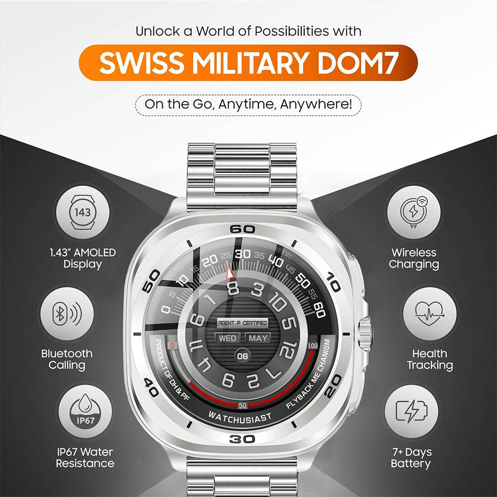 ساعة سمارت سويس ميليتاري DOM 7 هيكل معدني فضي مع سوار معدني فضي