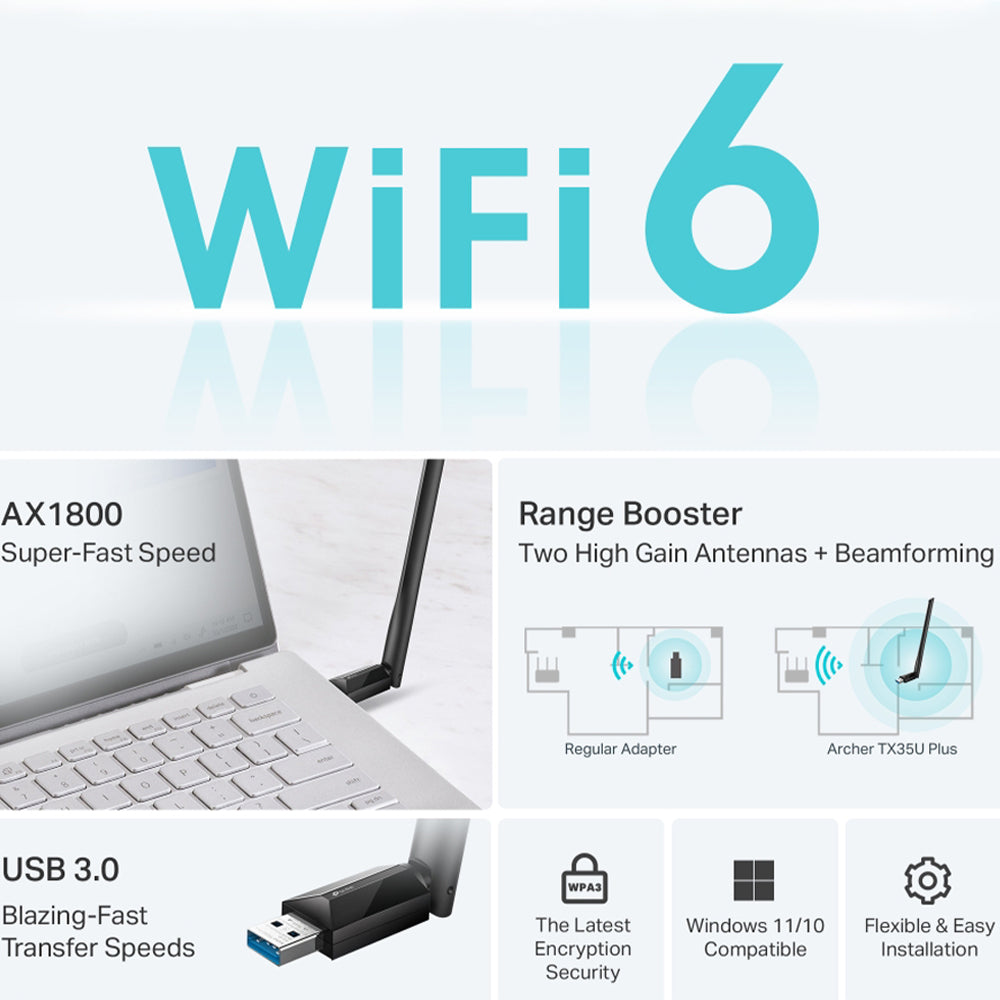 TP-Link Archer TX35U Plus AX1800 High-Gain Wireless USB Adapter With Antenna 1800Mbps