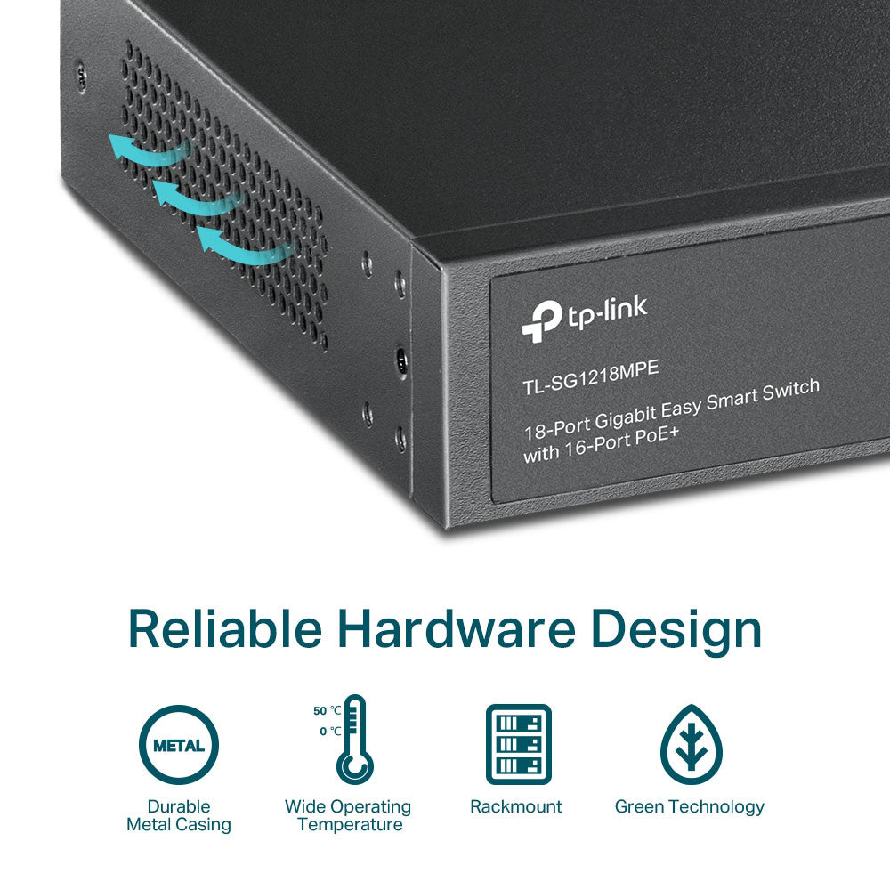 TP-Link TL-SG1218MPE Smart Rackmount Switch 16 Ports PoE+ 10/100/1000Mbps + 2 Ports RJ45 10/100/1000Mbps Uplink +2 Ports SFP 10/100/1000Mbps 250W