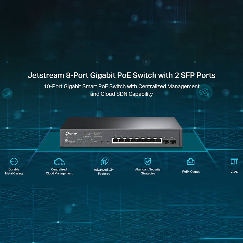 سويتش +PoE تي بي لينك سمارت 8 منافذ 10/100/1000 ميجابت في ثانية + منفذين SFP جيجابت 150 وات