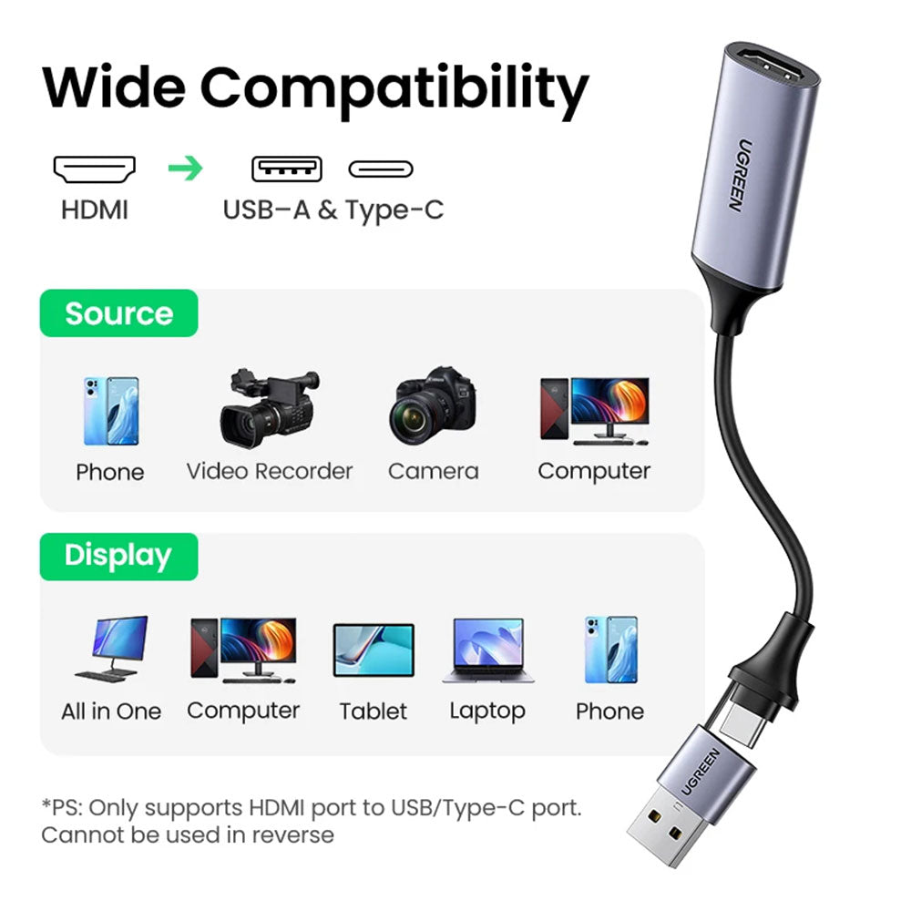 بطاقة التقاط الفيديو يوجرين 40189 من HDMI إلى USB + Type-C