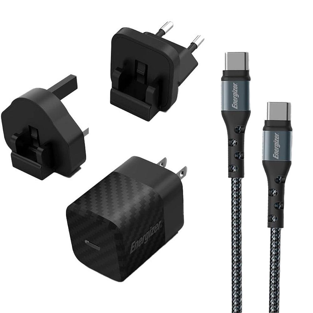 Energizer A20MUC Wall Charger Type-C + Type-C Cable With 3 Plugs (EU + UK + US) 20W Fast Charging - Kimo Store