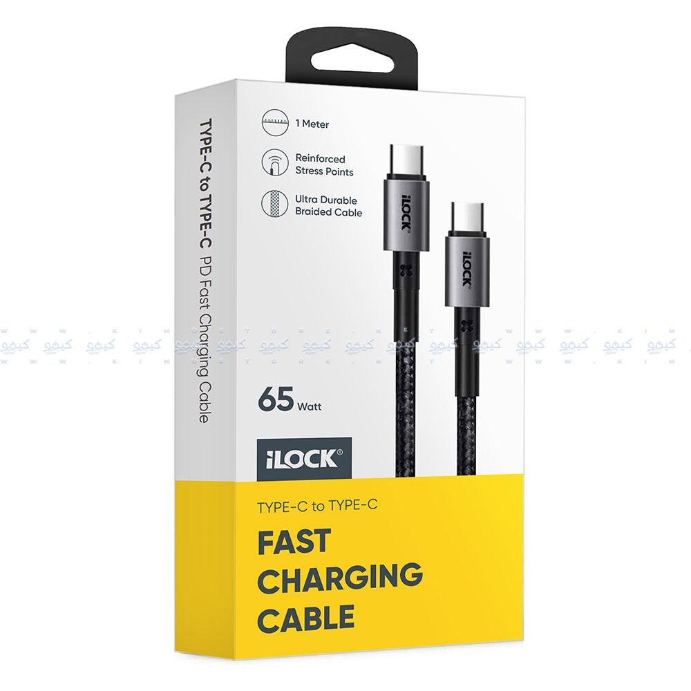 كابل شاحن موبايل أيلوك تايب سي إلى تايب سي بقوة 65 وات شحن سريع 1 متر 5089 - أسود