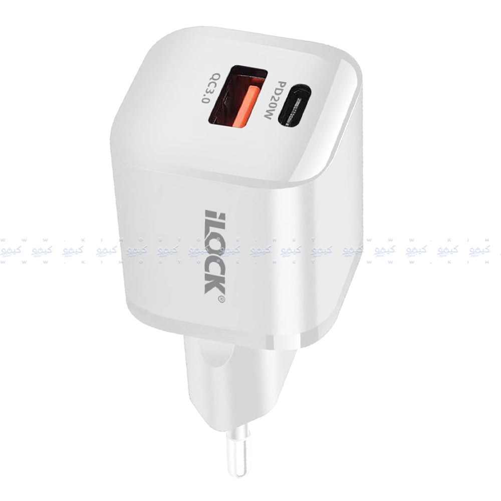 شاحن حائط أيلوك بمنفذ تايب سي PD + منفذ يو اس بي QC3.0 بقوة 20 وات شحن سريع 5093 - أبيض