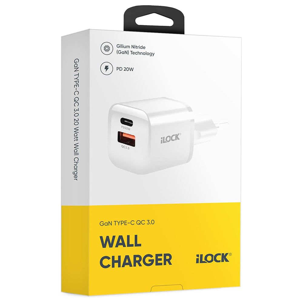 iLock 5093 GaN Wall Charger PD Type-C + QC3.0 USB 20W Fast Charging - White