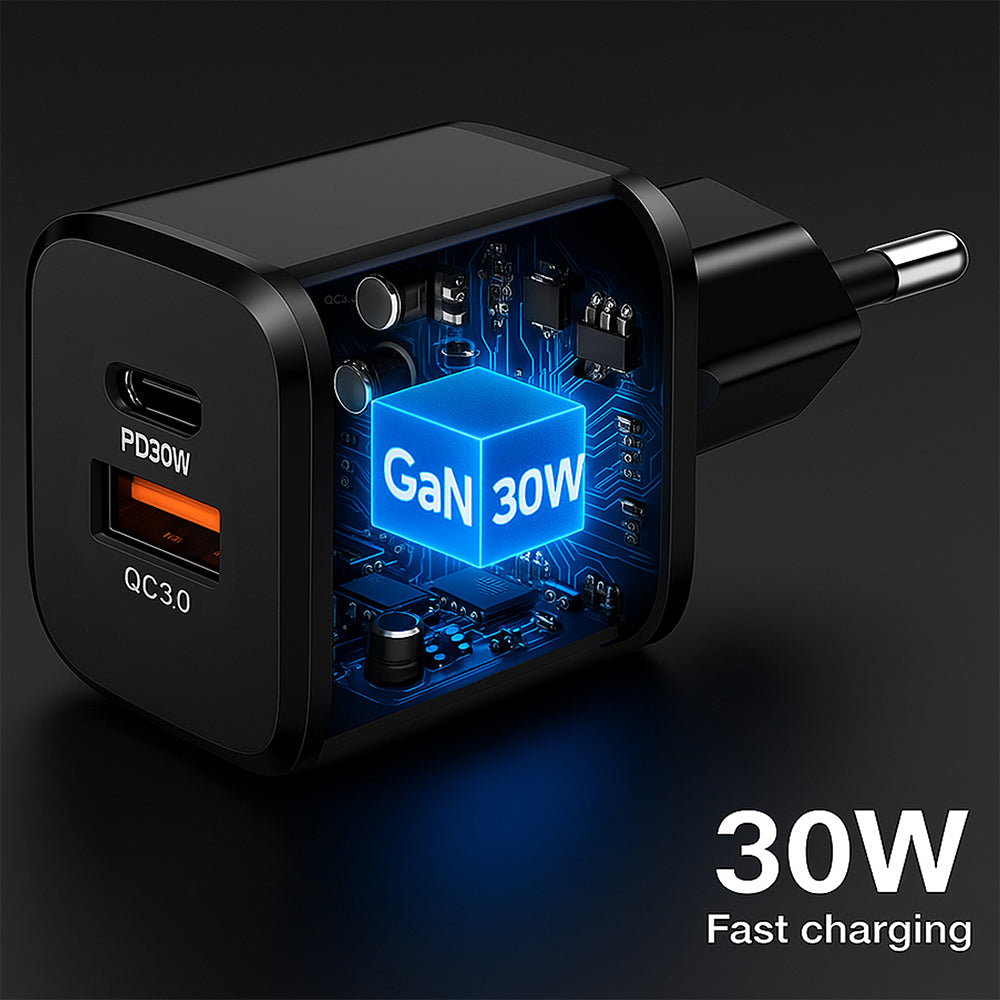 شاحن حائط أيلوك بمنفذ تايب سي PD + منفذ يو اس بي QC3.0 بقوة 30 وات شحن سريع 5094 - أسود