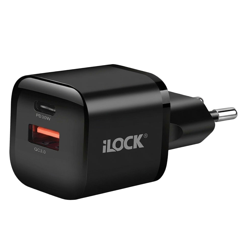 iLock 5094 GaN Wall Charger PD Type-C + QC3.0 USB 30W Fast Charging - Black