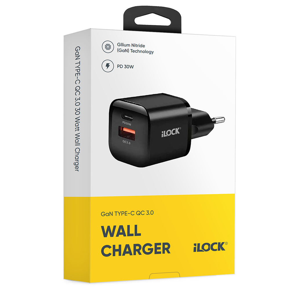 iLock 5094 GaN Wall Charger PD Type-C + QC3.0 USB 30W Fast Charging - Black