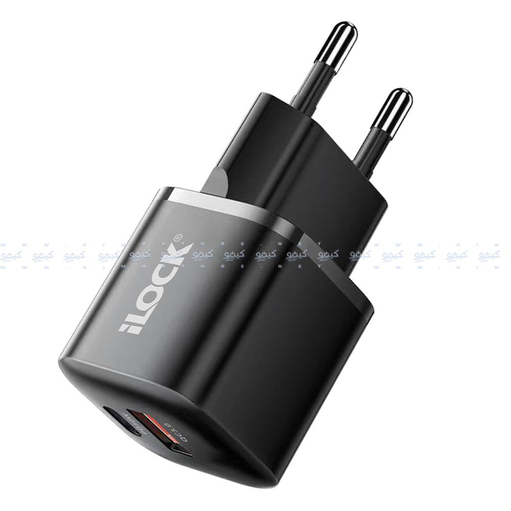شاحن حائط أيلوك بمنفذ تايب سي PD + منفذ يو اس بي QC3.0 بقوة 30 وات شحن سريع 5094 - أسود