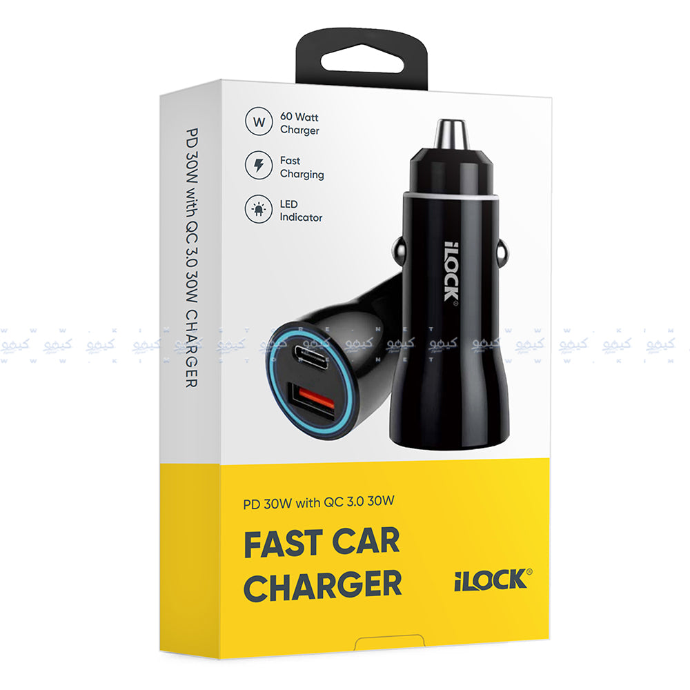 شاحن سيارة للموبايل ايلوك بمنفذ تايب سي PD + منفذ يو اس بي QC3.0 بقوة 60 وات شحن
