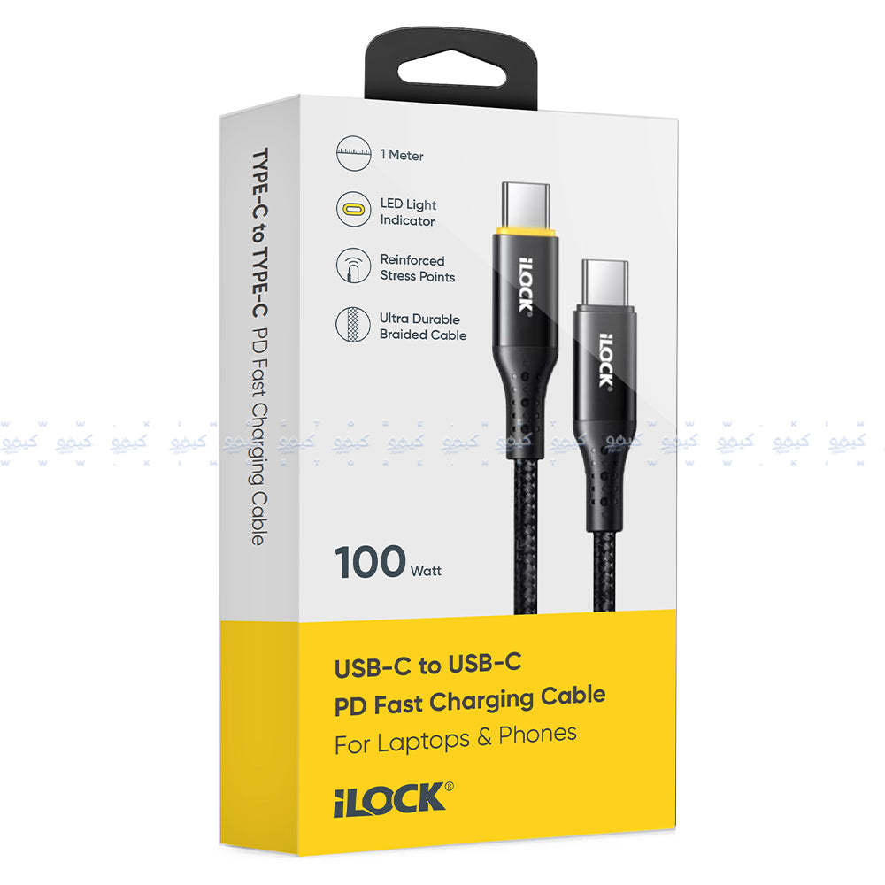 كابل شاحن موبايل أيلوك تايب سي إلى تايب سي بقوة 100 وات شحن سريع 1 متر 5097 - أسود