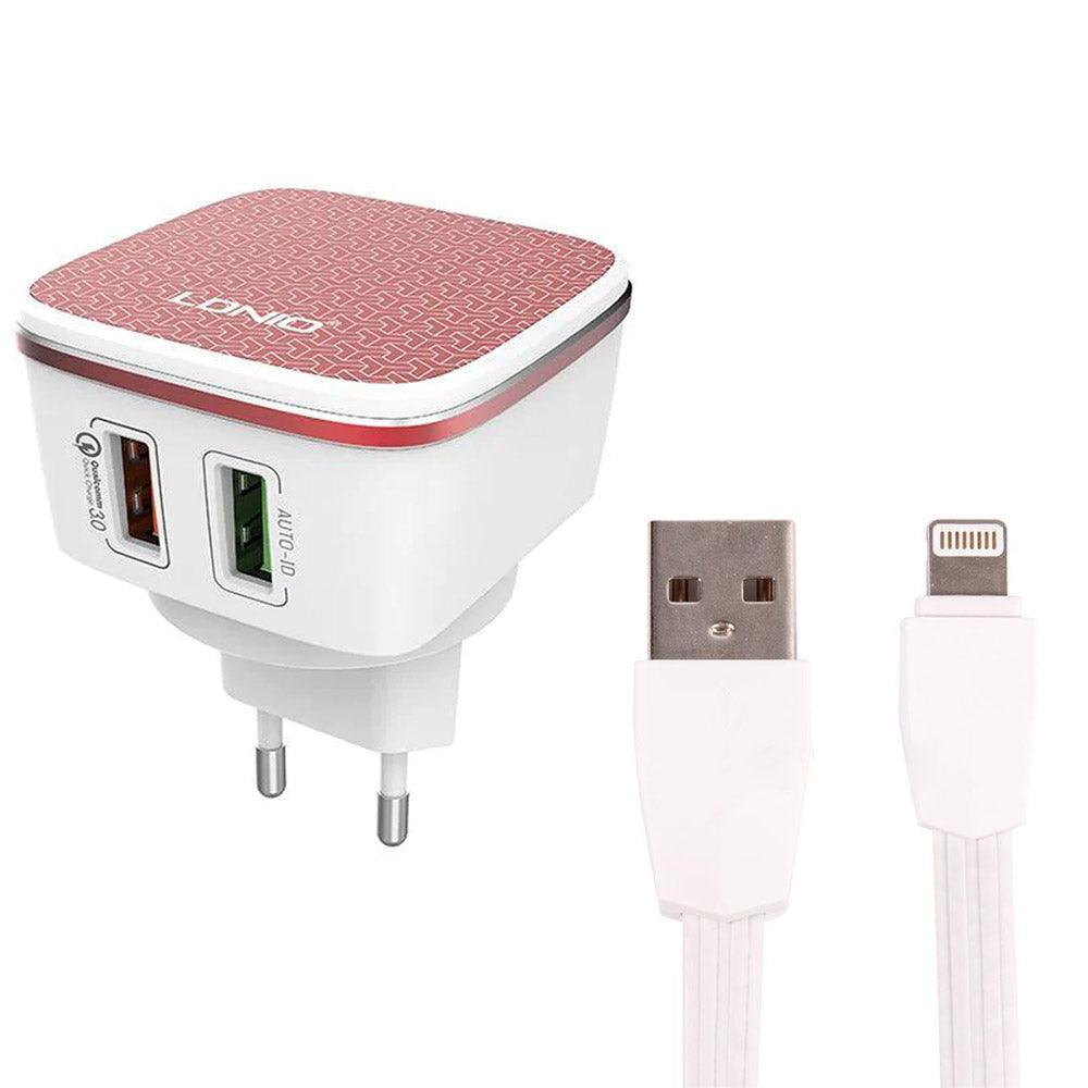 Ldnio A2405Q Wall Charger USB + QC3.0 USB + Lightning Cable 30W Fast Charging