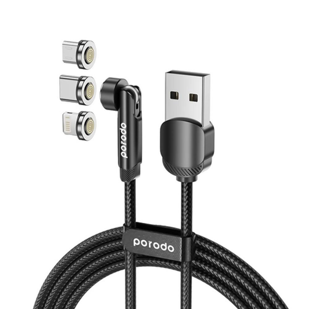 Porodo PD-31MGC-BK 3in1 USB To Type-C + Lightning + Micro Rotating Connector Magnetic Cable 1m