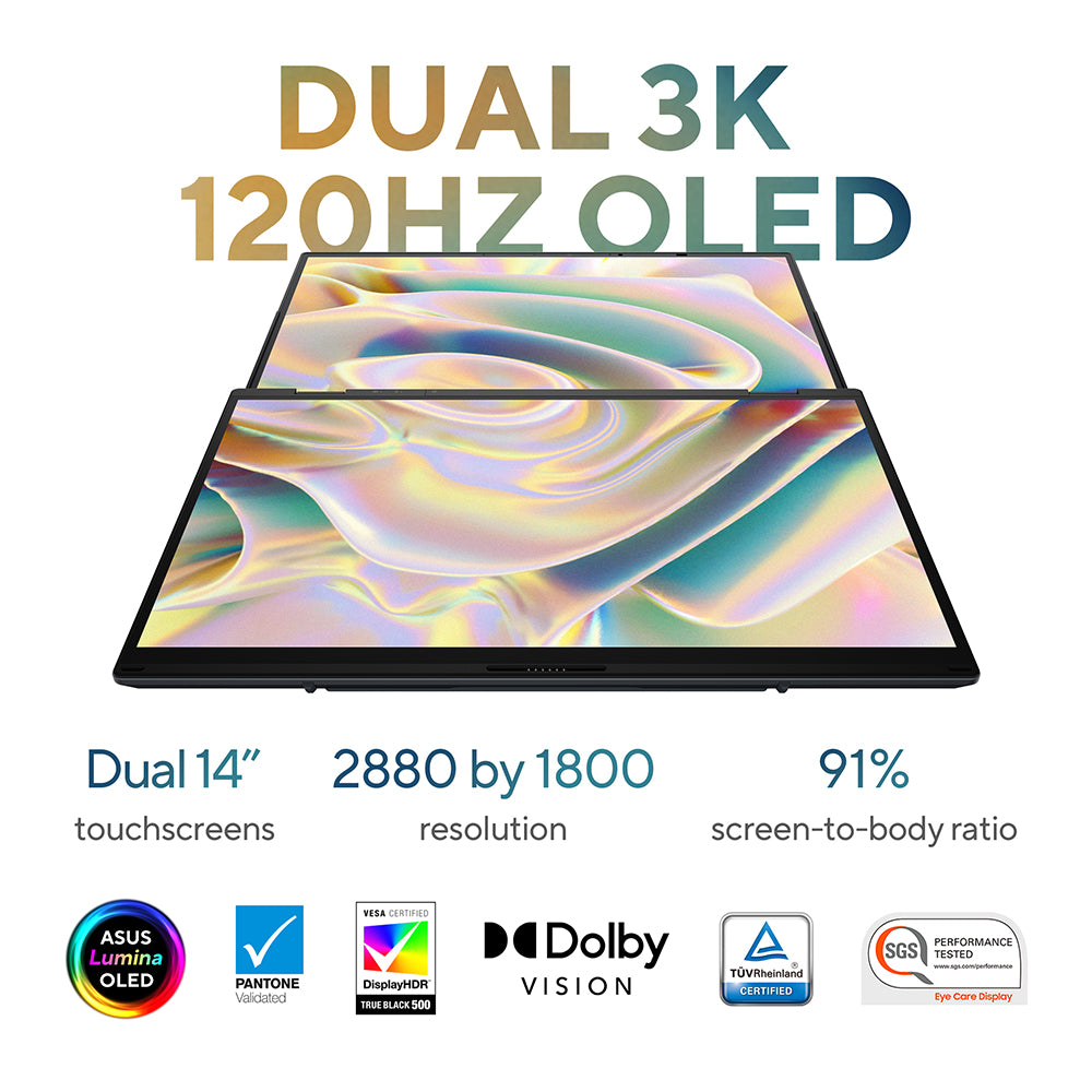 ASUS ZenBook DUO UX8406CA-OLED009WS Gaming Laptop (Intel Core Ultra 9 285H - 32GB Ram - M.2 NVMe 2TB - Intel Arc Graphics - 14.0 Inch 3K Touchscreen 120Hz - Stylus ASUS Pen - Laptop Sleeve - Win11) - Inkwell Gray
