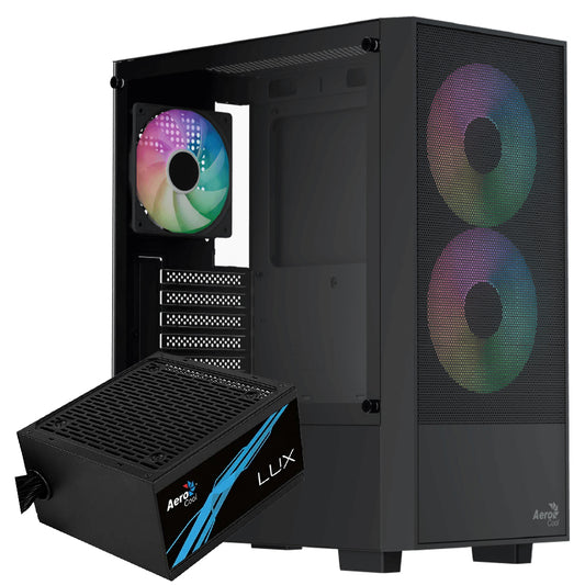 AeroCool B508A Flow ARGB Gaming Mid Tower Case + Lux 80 Plus Bronze Power Supply 650W - Black