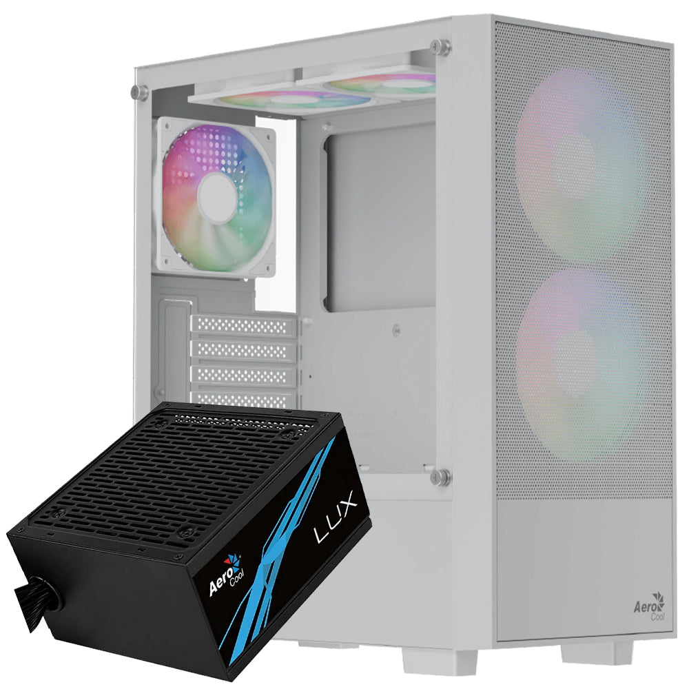 AeroCool B508A Flow ARGB Gaming Mid Tower Case + Lux 80 Plus Bronze Power Supply 650W - White