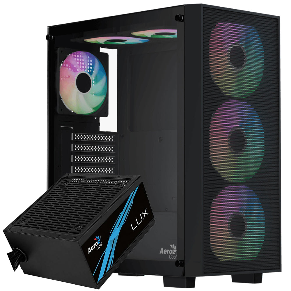 AeroCool B509A Flow ARGB Gaming Mid Tower Case + Lux 80 Plus Bronze Power Supply 650W - Black