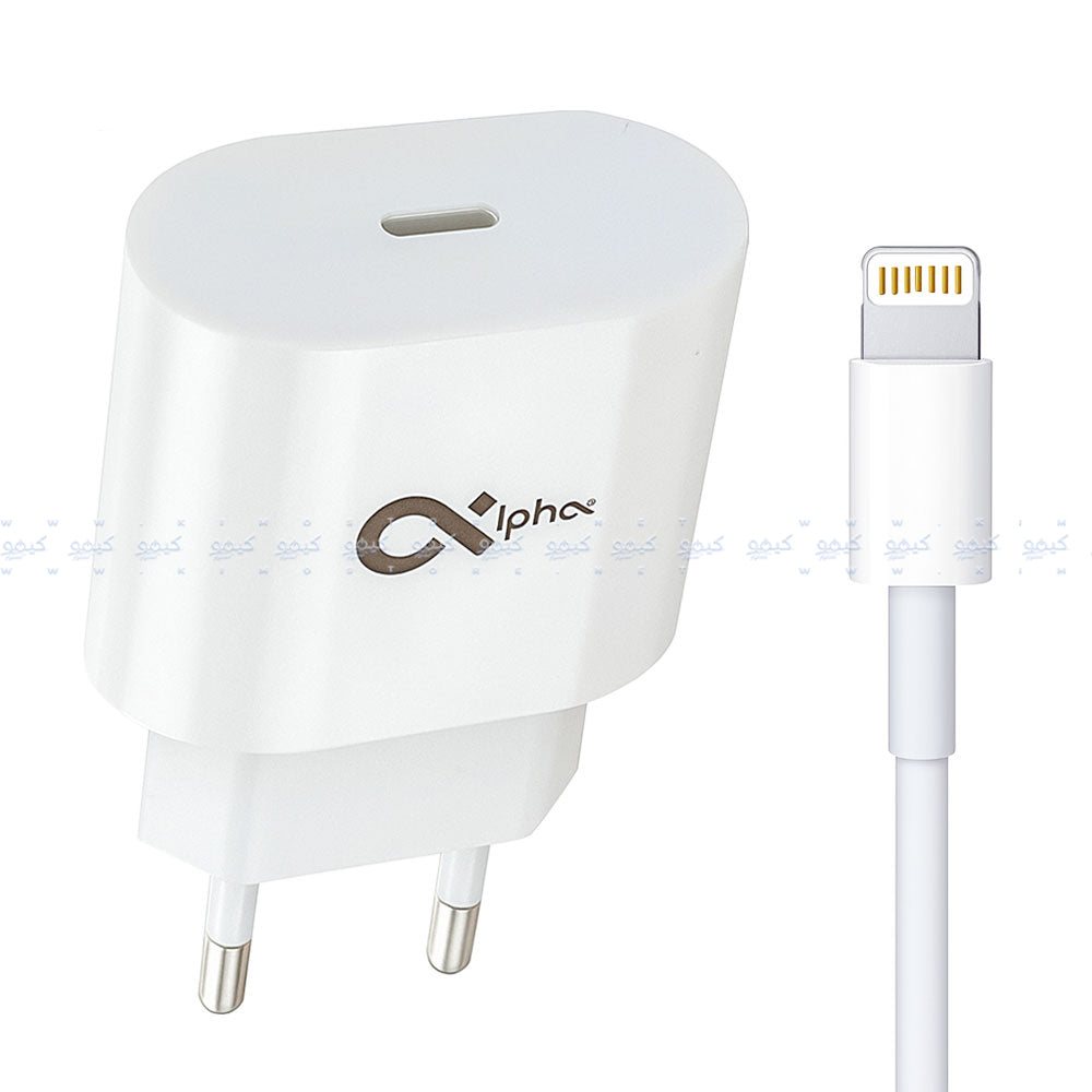 شاحن حائط الفا بمنفذ تايب سي مع كابل لايتنينج بقوة 20 وات شحن سريع P20 - أبيض