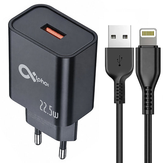 Alpha Super C22 Wall Charger Lightning Cable 22.5W Fast Charging - Black
