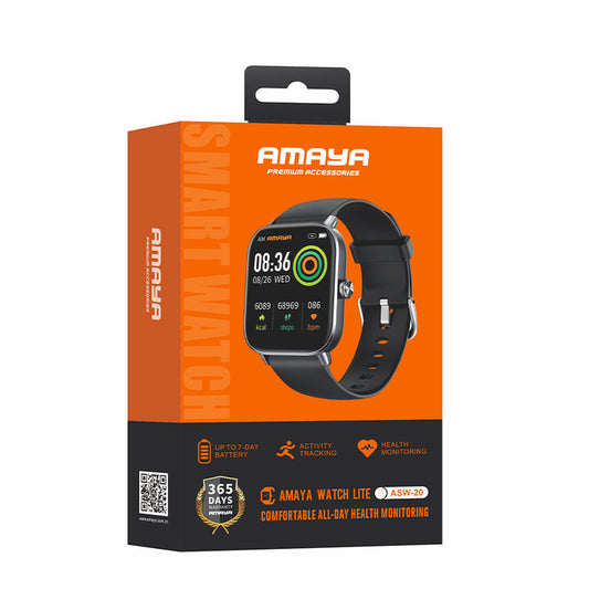 Amaya Watch Lite ASW-20 Smart Watch Black Case With Black Silicone Strap