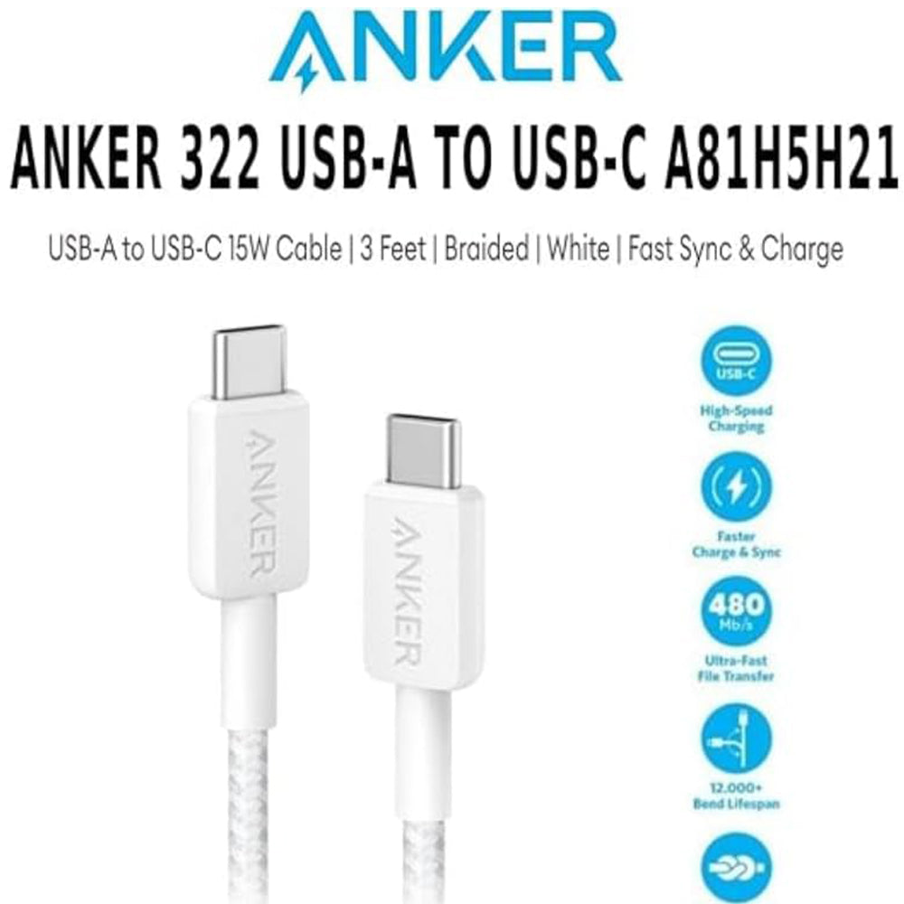 كابل شاحن موبايل انكر يو اس بي إلى تايب سي بقوة 15 وات شحن سريع 0.9 متر 322 A81H5H21