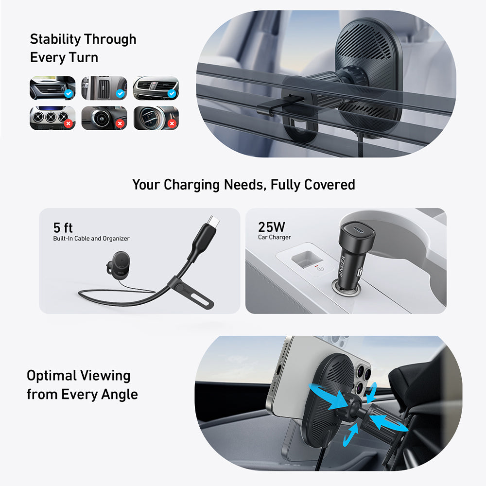 Anker B2932H11 MagGo Magnetic Wireless Charger Car Phone Holder 15W With Built-In Type-C Cable + Car Charger 25W