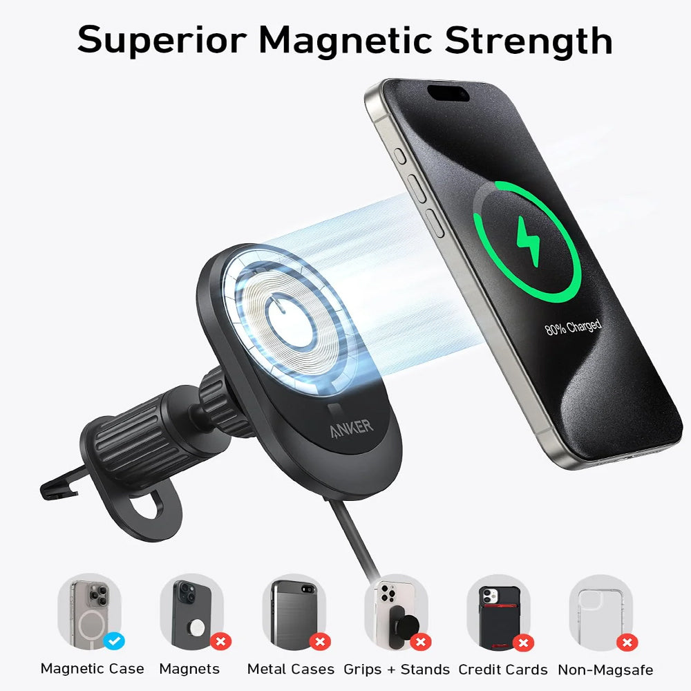 Anker B2932H11 MagGo Magnetic Wireless Charger Car Phone Holder 15W With Built-In Type-C Cable