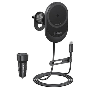 Anker B2932H11 MagGo Magnetic Wireless Charger Car Phone Holder 15W With Built-In Type-C Cable + Car Charger 25W Fast Charging - Black (International Warranty)