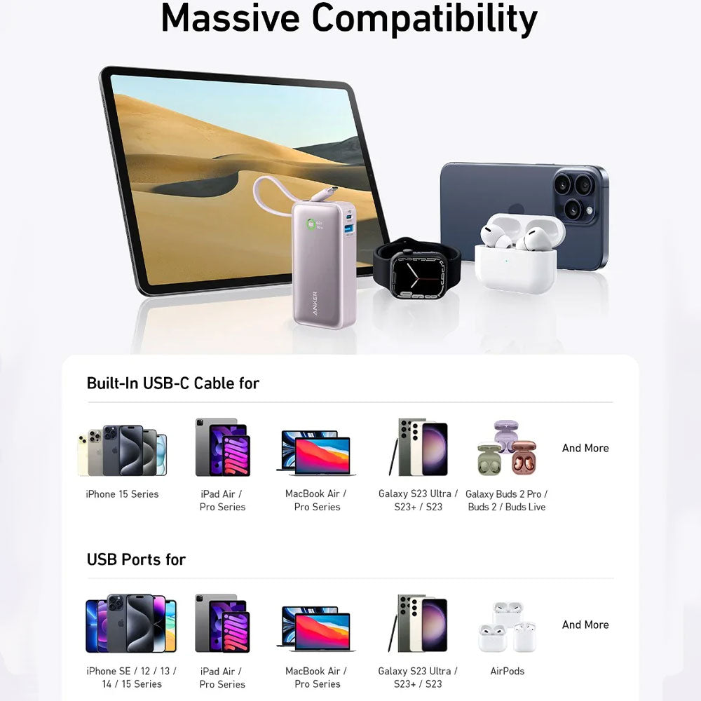 Anker Nano A1259H21 Power Bank USB + Type-C 30W 10000mAh Built-In Type-C Cable - Shell White