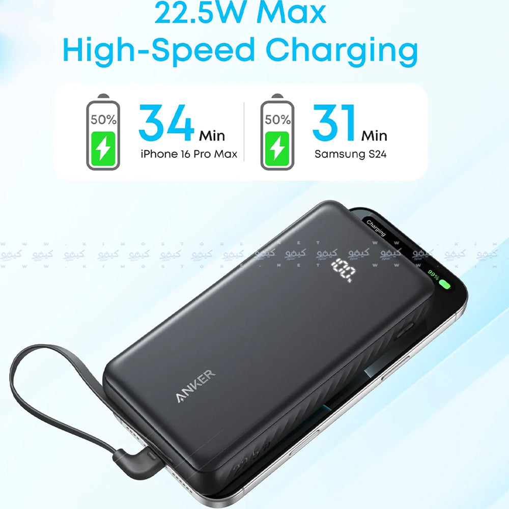 Anker Zolo A110EH11 Power Bank Type-C + USB 22.5W Fast Charging 20000mAh Built in Type-C Cable - Black