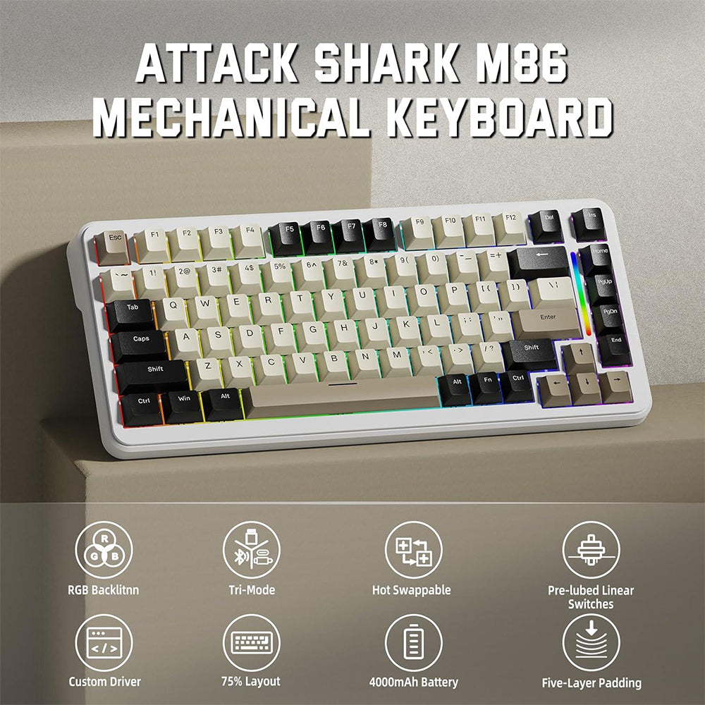 Attack Shark M86 Bluebreey Switch Triple Mode Rechargeable Bluetooth Wireless & Wired RGB Gaming Keyboard English & Arabic - Cheese White