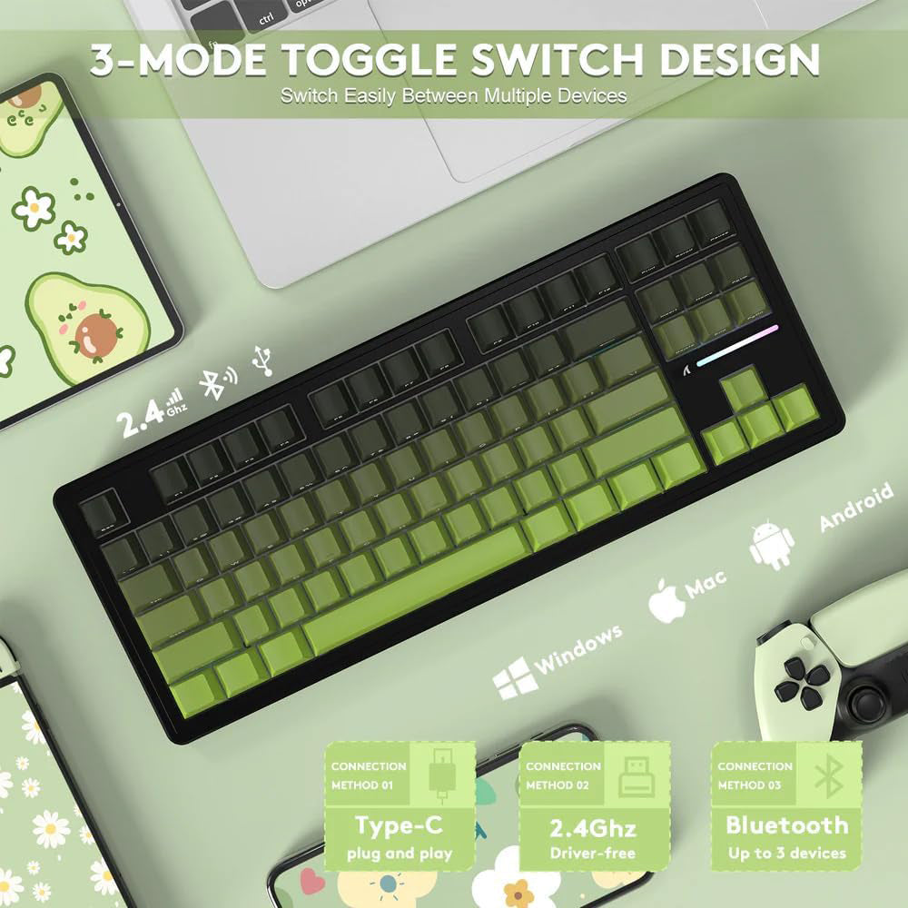 Attack Shark M87PROV2RGB White Jade Switch Triple Mode Rechargeable Bluetooth Wireless & Wired RGB Gaming Keyboard English & Arabic