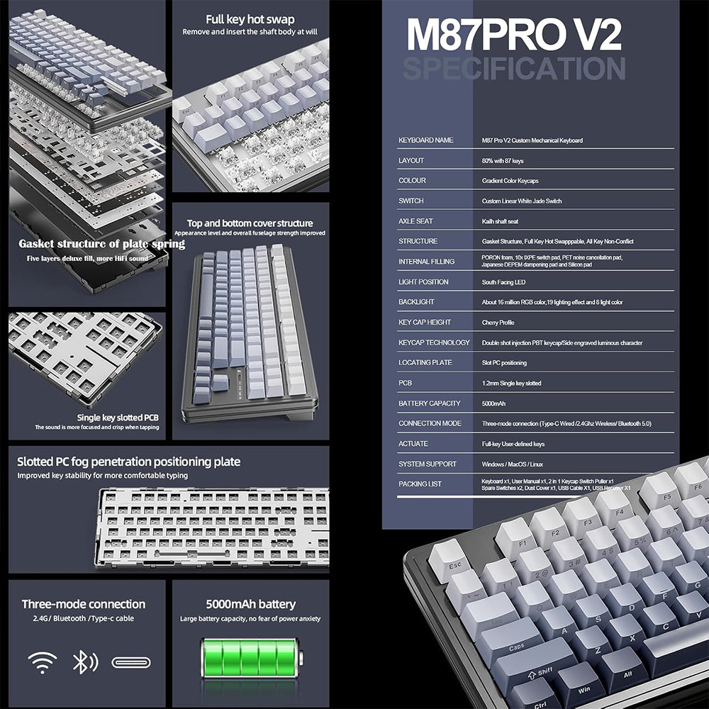 Attack Shark M87PROV2RGB White Jade Switch Triple Mode Rechargeable Bluetooth Wireless & Wired RGB Gaming Keyboard English & Arabic