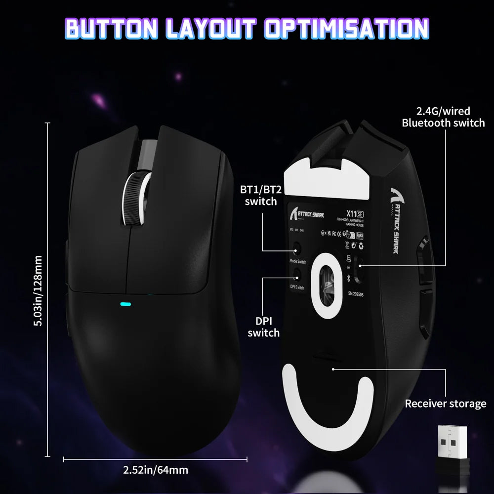 Attack Shark X11SE Triple Mode Rechargeable Bluetooth Wireless & Wired RGB Gaming Mouse 22000Dpi - Black