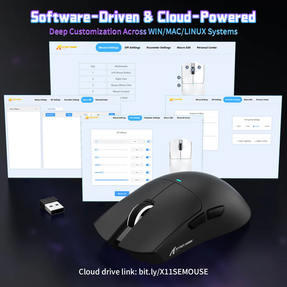 Attack Shark X11SE Triple Mode Rechargeable Bluetooth Wireless & Wired RGB Gaming Mouse 22000Dpi - Black