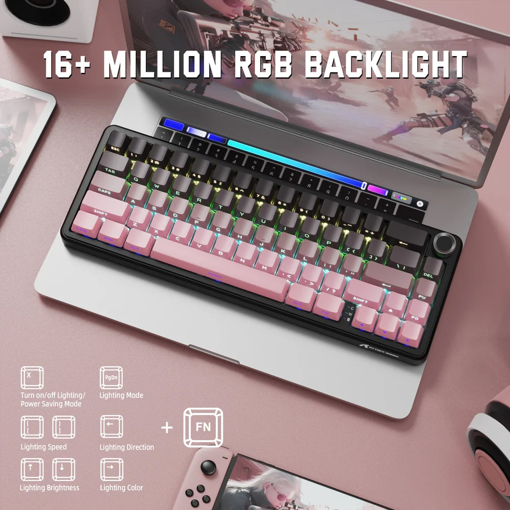 Attack Shark X66 Strawberry Switch Triple Mode Rechargeable Bluetooth Wireless & Wired RGB Gaming Keyboard English & Arabic