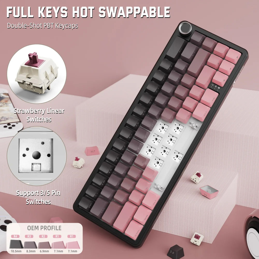 Attack Shark X66 Strawberry Switch Triple Mode Rechargeable Bluetooth Wireless & Wired RGB Gaming Keyboard English & Arabic