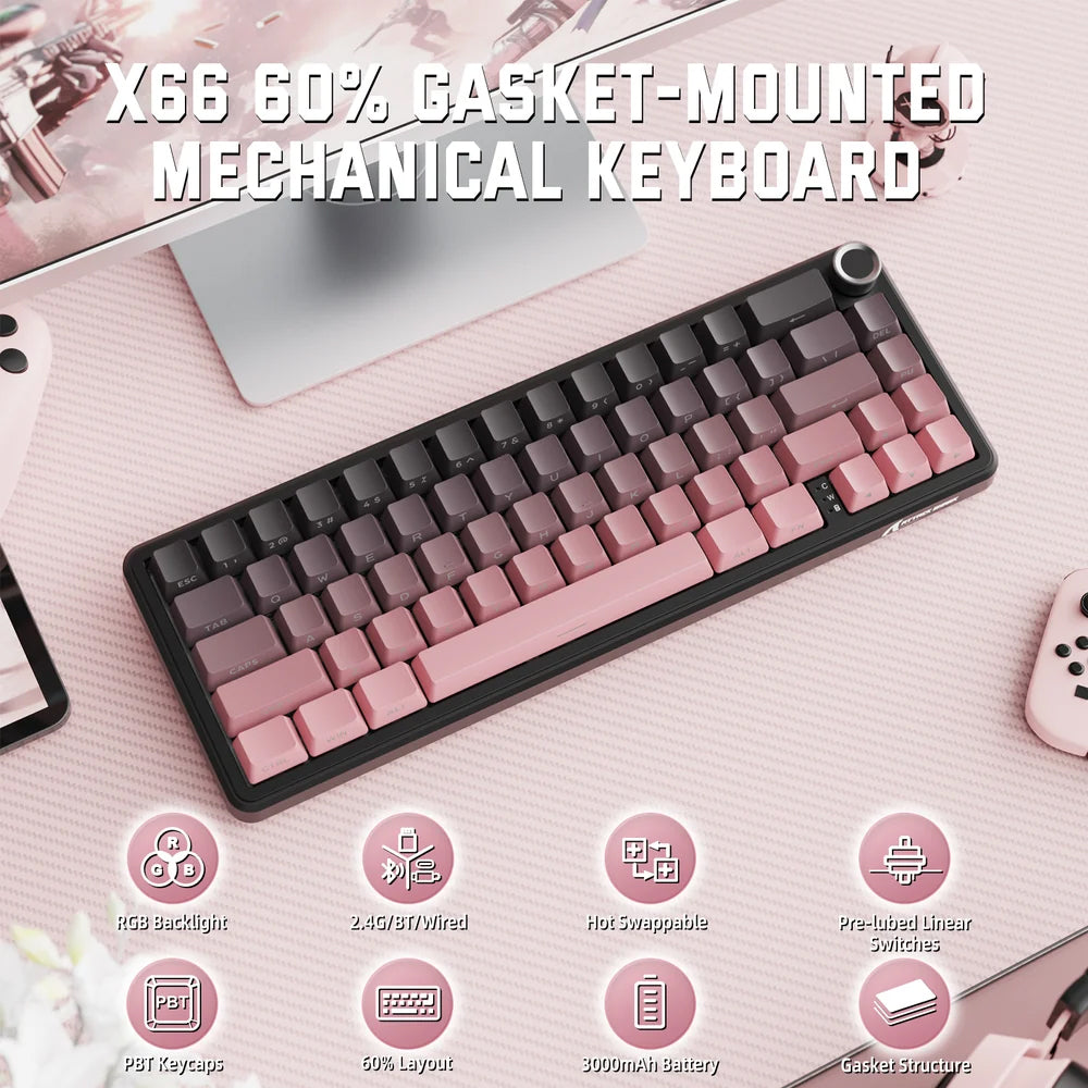 Attack Shark X66 Strawberry Switch Triple Mode Rechargeable Bluetooth Wireless & Wired RGB Gaming Keyboard English & Arabic