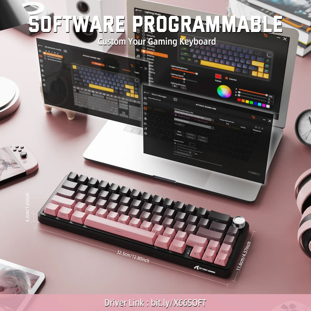 Attack Shark X66 Strawberry Switch Triple Mode Rechargeable Bluetooth Wireless & Wired RGB Gaming Keyboard English & Arabic
