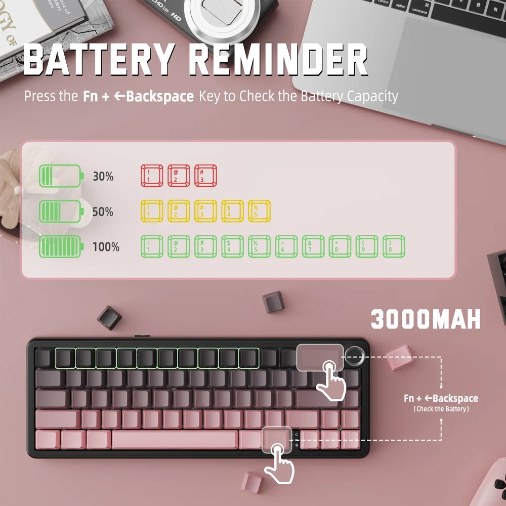 Attack Shark X66 Strawberry Switch Triple Mode Rechargeable Bluetooth Wireless & Wired RGB Gaming Keyboard English & Arabic