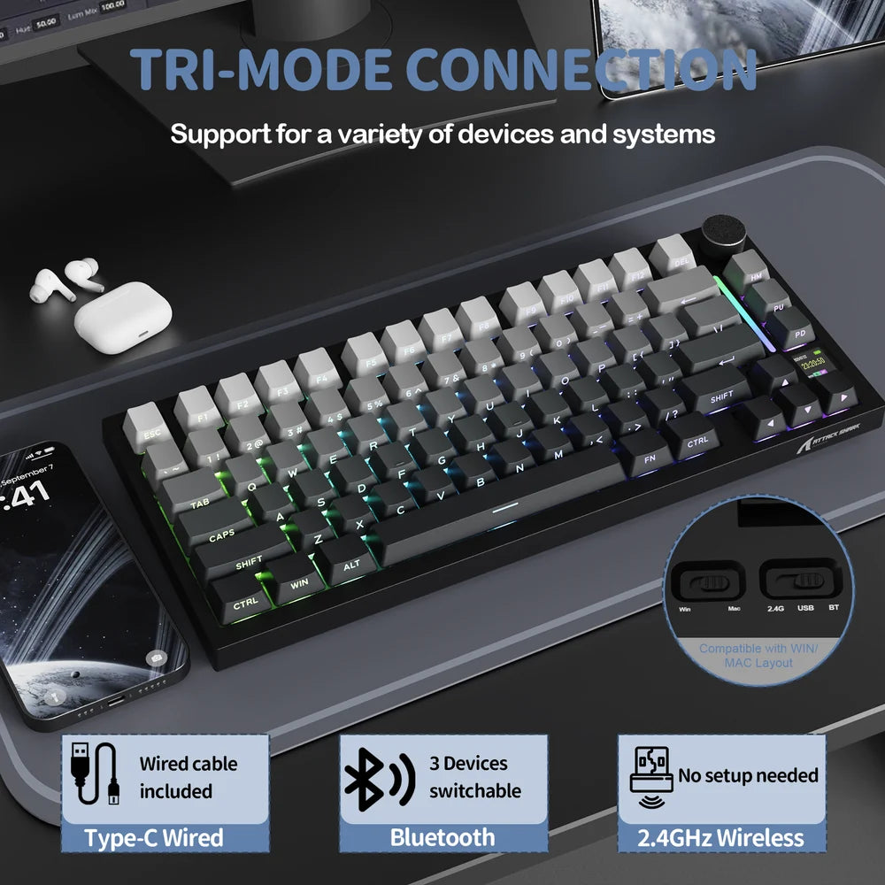 Attack Shark X820 Ultra Gift Switch Triple Mode Rechargeable Bluetooth Wireless & Wired RGB Gaming Keyboard English & Arabic