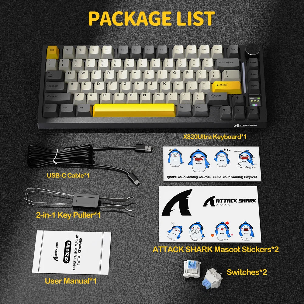 Attack Shark X820 Ultra Gift Switch Triple Mode Rechargeable Bluetooth Wireless & Wired RGB Gaming Keyboard English & Arabic