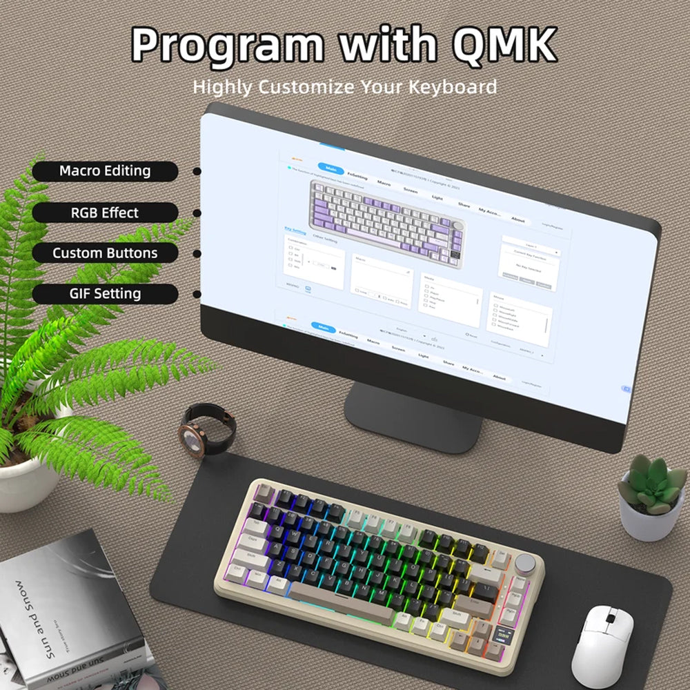 كيبورد أتاك شارك سلكي و لاسلكي بلوتوث ثلاثي الوضع قابل للشحن RGB جيمنج سويتش بلوبري إنجليزي وعربي X85Pro - ابيض كريمي