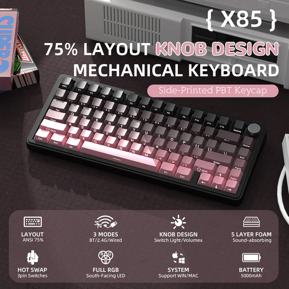 كيبورد أتاك شارك سلكي و لاسلكي بلوتوث ثلاثي الوضع قابل للشحن RGB جيمنج إنجليزي وعربي X85 - اسود x بينك