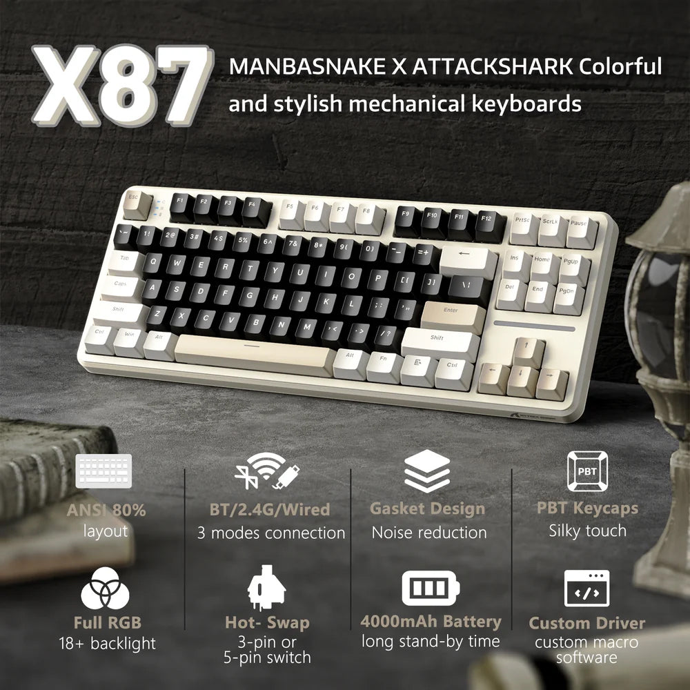 Attack Shark X87 Pink Switch Triple Mode Rechargeable Bluetooth Wireless & Wired RGB Gaming Keyboard English & Arabic