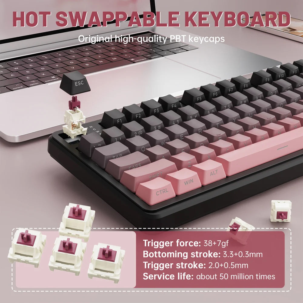 كيبورد أتاك شارك سلكي و لاسلكي بلوتوث ثلاثي الوضع قابل للشحن RGB جيمنج سويتش بلوبري إنجليزي وعربي X98PRO - اسود x بينك